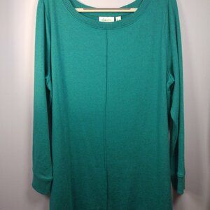 Denim & Co Scoop Neck Sweater Size Large Green Teal Tunic Length Seam Detail